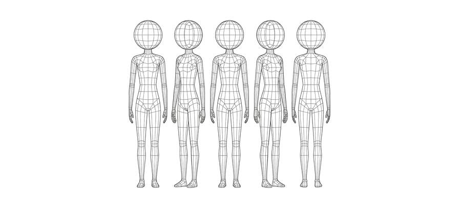 A group of five figures standing together